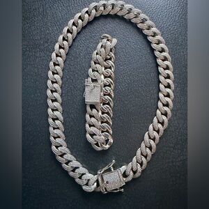 Silver Cuban Link Chain and Bracelet Set